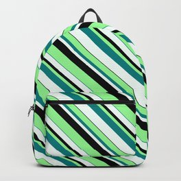 [ Thumbnail: Green, Teal, Mint Cream & Black Colored Lined Pattern Backpack ]
