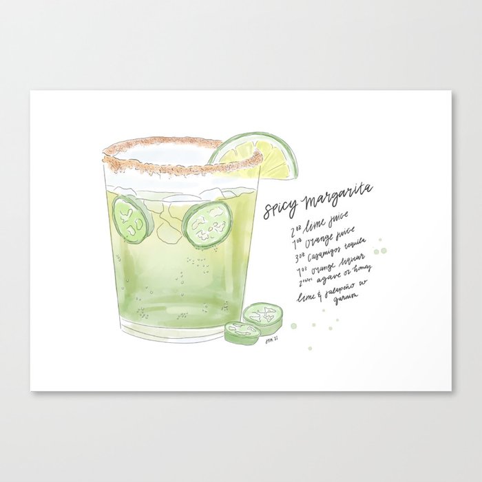 Spicy Margarita Recipe Watercolor Canvas Print