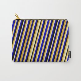 [ Thumbnail: Goldenrod, Pale Goldenrod, Blue & Black Colored Striped Pattern Carry-All Pouch ]