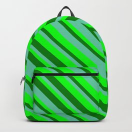 [ Thumbnail: Green, Aquamarine & Lime Colored Striped Pattern Backpack ]
