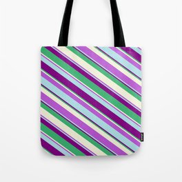 [ Thumbnail: Eye-catching Orchid, Powder Blue, Purple, Sea Green & Beige Colored Stripes/Lines Pattern Tote Bag ]