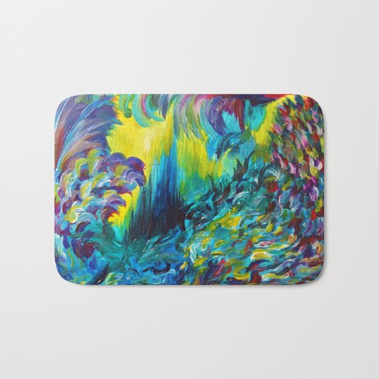 FLIGHT ON TAP - Whimsical Colorful Feathers Fountain Peacock Abstract Acrylic Painting Purple Teal Bath Mat
