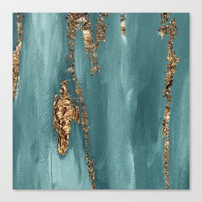 Turquoise Paint Gold Brushstrokes Abstract Texture Canvas Print