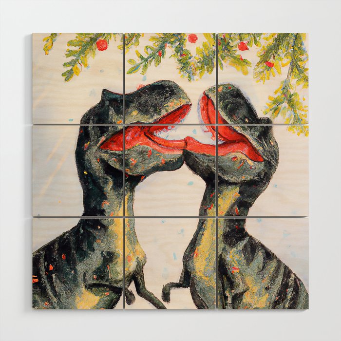 The T-Rex Couple Kiss Wood Wall Art