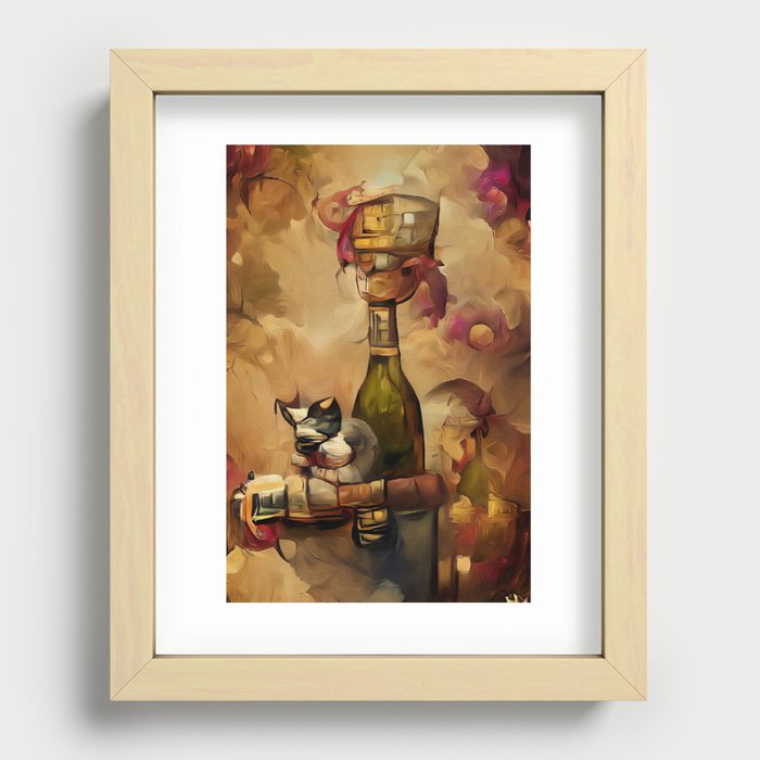 Cat With Wine Lives Recessed Framed Print