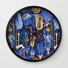 Music to my eyes // oxford navy blue background gold textured musical instruments blue indoor plants coral music notes Wall Clock