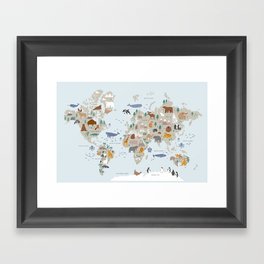 Animal World Map for Kids - Blue Framed Art Print
