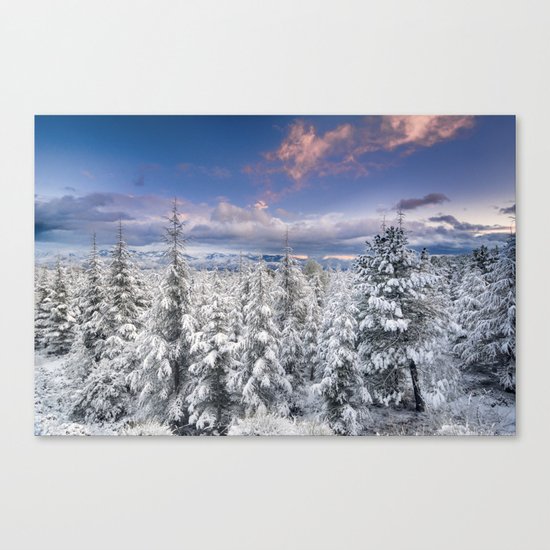 "Mountain light". Snowy forest at sunset Canvas Print