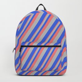 [ Thumbnail: Light Coral, Grey, and Royal Blue Colored Striped/Lined Pattern Backpack ]