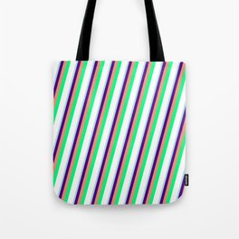 [ Thumbnail: Powder Blue, Indigo, Dark Salmon, Green, and White Colored Pattern of Stripes Tote Bag ]