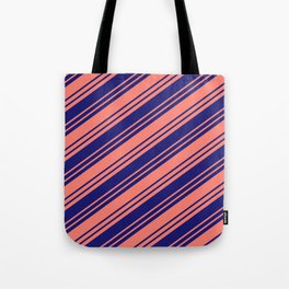 [ Thumbnail: Salmon & Midnight Blue Colored Stripes/Lines Pattern Tote Bag ]