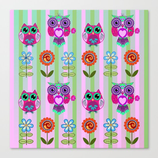 Fantasy summer flowers and owls on a striped background, pattern design Canvas Print