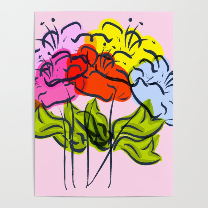 Big Colorful Summer Flowers On Pink Poster
