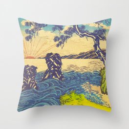 Morning Rays at Duyin - Ocean Nature Landscape in Green, Red and Blue Throw Pillow