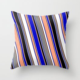 [ Thumbnail: Vibrant Light Salmon, Gray, Blue, White & Black Colored Lined/Striped Pattern Throw Pillow ]