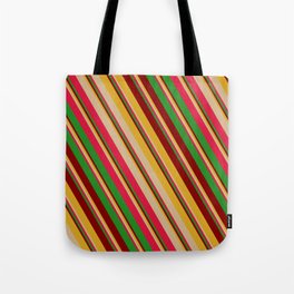 [ Thumbnail: Colorful Goldenrod, Tan, Crimson, Forest Green & Maroon Colored Striped/Lined Pattern Tote Bag ]