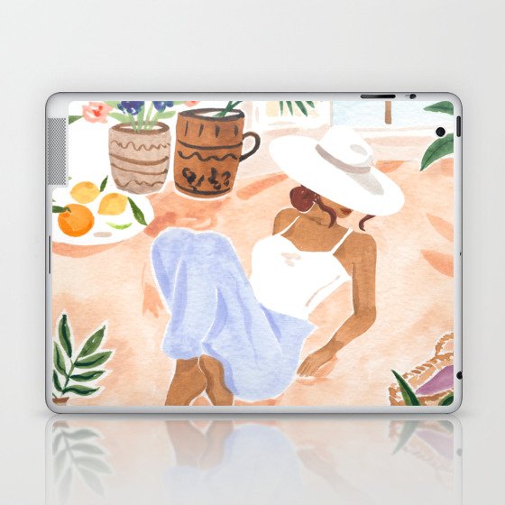Woman Sitting by the Window Art Print - Sabina Fenn Illustration - Feminine Gouache Tropical Portrai Laptop & iPad Skin