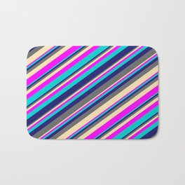 [ Thumbnail: Midnight Blue, Dim Gray, Beige, Fuchsia, and Dark Turquoise Colored Lines/Stripes Pattern Bath Mat ]