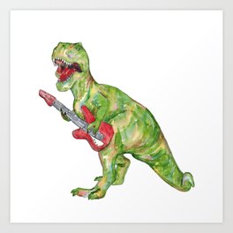 T-rex dinosaur playing guitar painting watercolour Art Print
