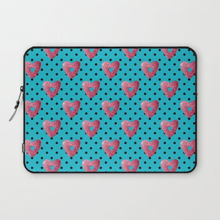 Pink plaid watercolor heart shaped donuts with polka dots on blue background Laptop Sleeve