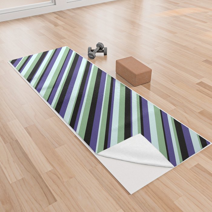 Dark Sea Green, Light Cyan, Dark Slate Blue, and Black Colored Pattern of Stripes Yoga Towel