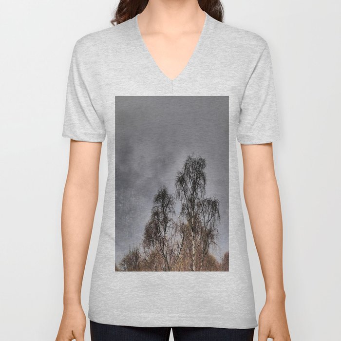 Scottish Highlands Spring Birch Trees and the Mist in I Art V Neck T Shirt
