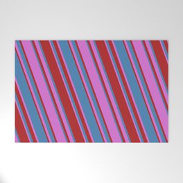 [ Thumbnail: Orchid, Red & Blue Colored Lined/Striped Pattern Welcome Mat ]