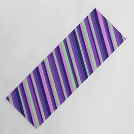 [ Thumbnail: Colorful Light Green, Dark Orchid, Dark Slate Blue, Midnight Blue, Violet Colored Striped Pattern Yoga Mat ]