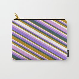 [ Thumbnail: Colorful Dark Goldenrod, White, Plum, Purple & Dark Slate Gray Colored Lines/Stripes Pattern Carry-All Pouch ]