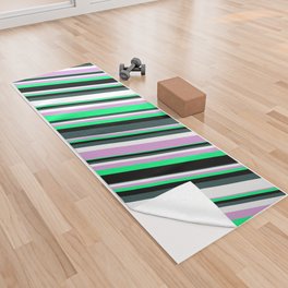 [ Thumbnail: Plum, Green, Black, Dark Slate Gray & White Colored Striped/Lined Pattern Yoga Towel ]
