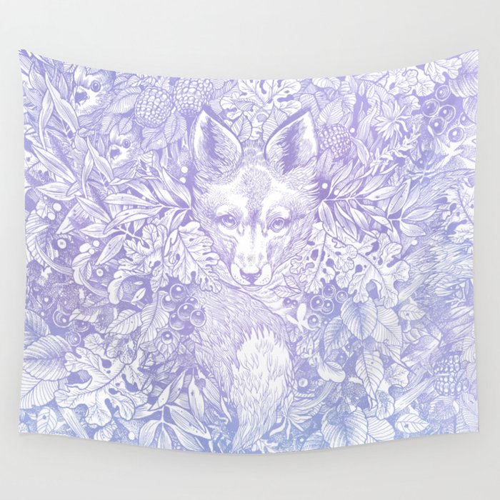 Pastel Purple Hiding Fox Drawing Wall Tapestry