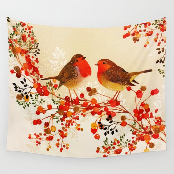 Red Gold Winter Birds Holly Berry Branches Watercolor Wall Tapestry