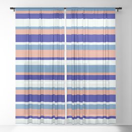 [ Thumbnail: Blue, Dark Salmon, Dark Blue & Mint Cream Colored Stripes Pattern Sheer Curtain ]