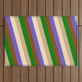 [ Thumbnail: Eye-catching Brown, Green, Tan, Beige & Slate Blue Colored Pattern of Stripes Outdoor Rug ]