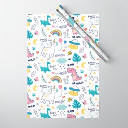 Dinosaur With Unicorn Pattern Wrapping Paper