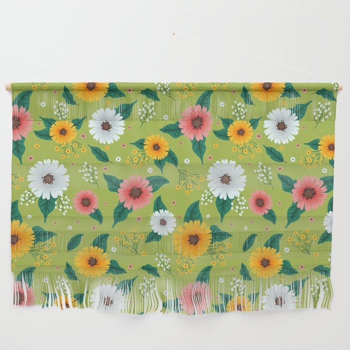 Colorful Spring Flowers Pattern in Light Green Background Wall Hanging