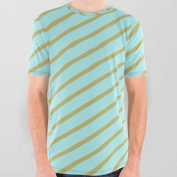 Turquoise and Dark Khaki Colored Striped Pattern All Over Graphic Tee