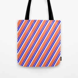 [ Thumbnail: Blue, Lavender & Coral Colored Lines/Stripes Pattern Tote Bag ]