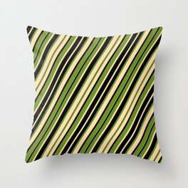[ Thumbnail: Green, Tan & Black Colored Stripes/Lines Pattern Throw Pillow ]