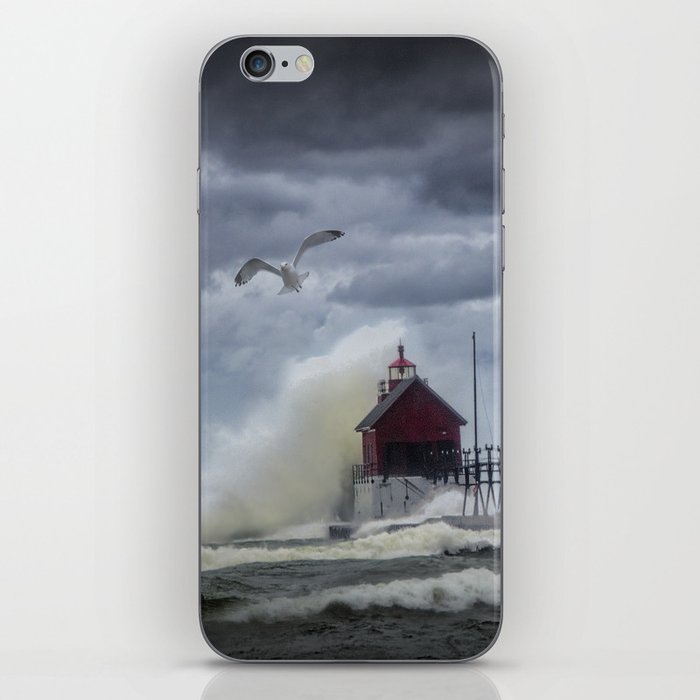 New Years Day Storm at the Grand Haven Lighthouse in Michigan iPhone Skin