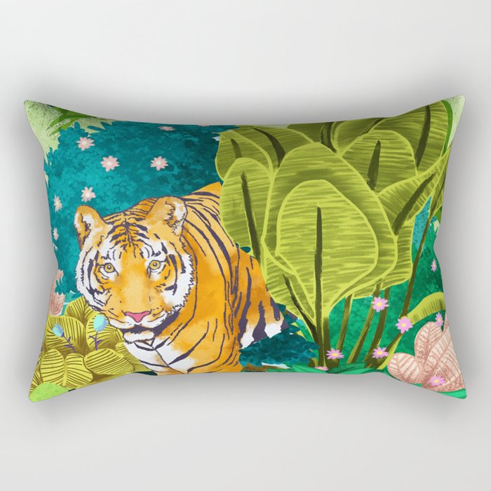 Jungle Tiger | Modern Bohemian Colorful Forest | Tropical Botanical Nature Watercolor Painting Rectangular Pillow