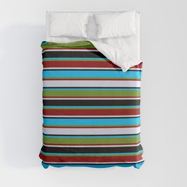 [ Thumbnail: Eyecatching Deep Sky Blue, Green, Dark Red, Lavender, and Black Colored Lines/Stripes Pattern Duvet Cover ]