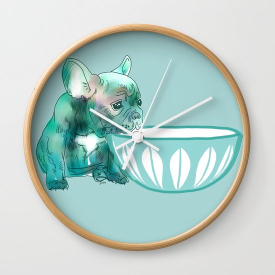 Dog with bowl #1 Blue Wall Clock