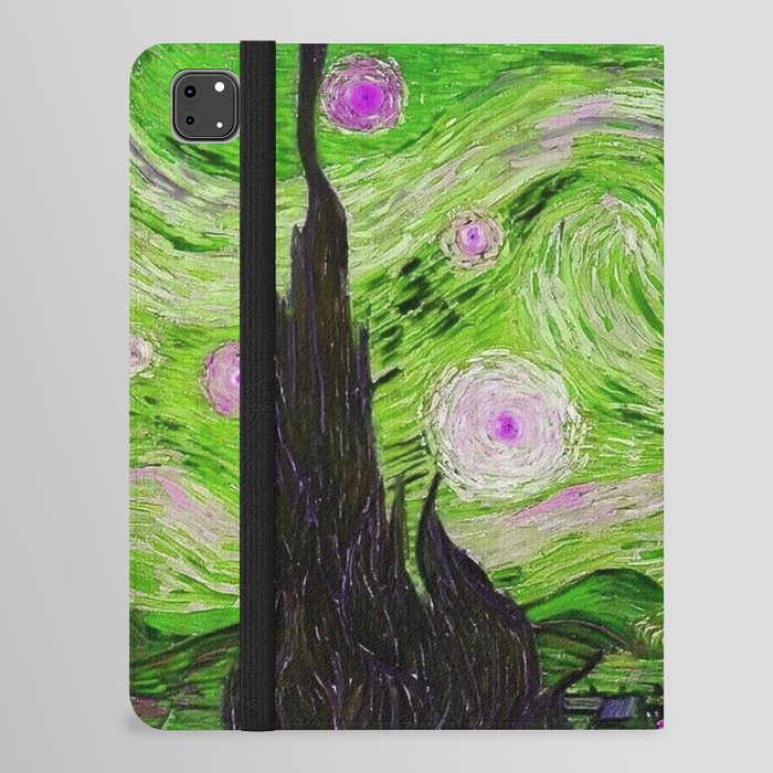 The Starry Night - La Nuit étoilée oil-on-canvas post-impressionist landscape masterpiece painting in alternate light green and fuchsia purple by Vincent van Gogh iPad Folio Case