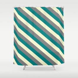 [ Thumbnail: Light Yellow, Gray & Teal Colored Lined/Striped Pattern Shower Curtain ]