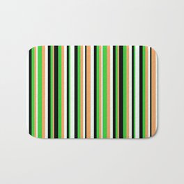 [ Thumbnail: Brown, Lime Green, Black & Mint Cream Colored Stripes Pattern Bath Mat ]