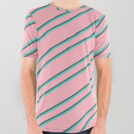 [ Thumbnail: Light Pink, Dim Gray & Turquoise Colored Stripes/Lines Pattern All Over Graphic Tee ]