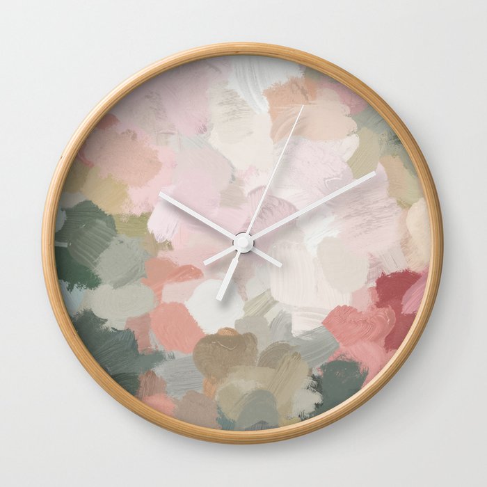 Time to Bloom - Forest Green Fuchsia Blush Pink Abstract Flower Spring Painting Art Wall Clock