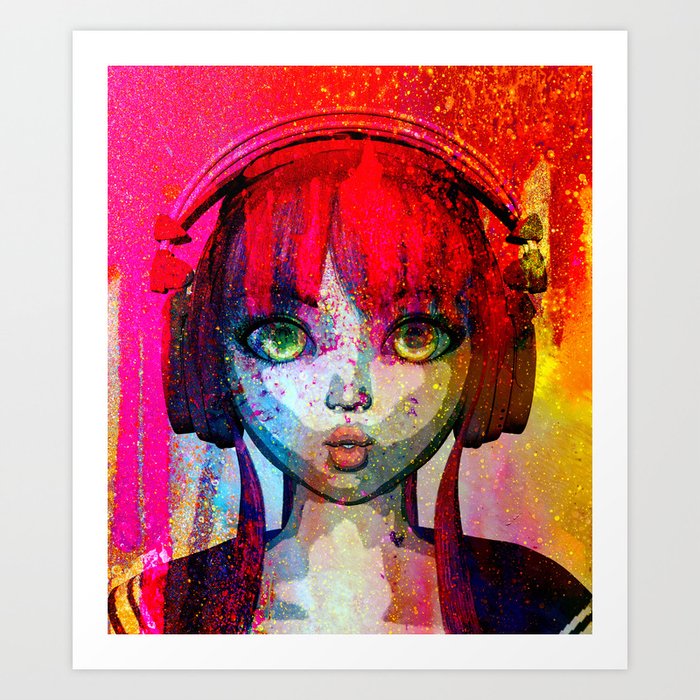 Portrait Of Happy Anime Girl With Headphone 3d Rendering Pop Art