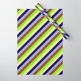 [ Thumbnail: Eyecatching Green, Tan, Blue, Dark Grey, and Brown Colored Lined/Striped Pattern Wrapping Paper ]
